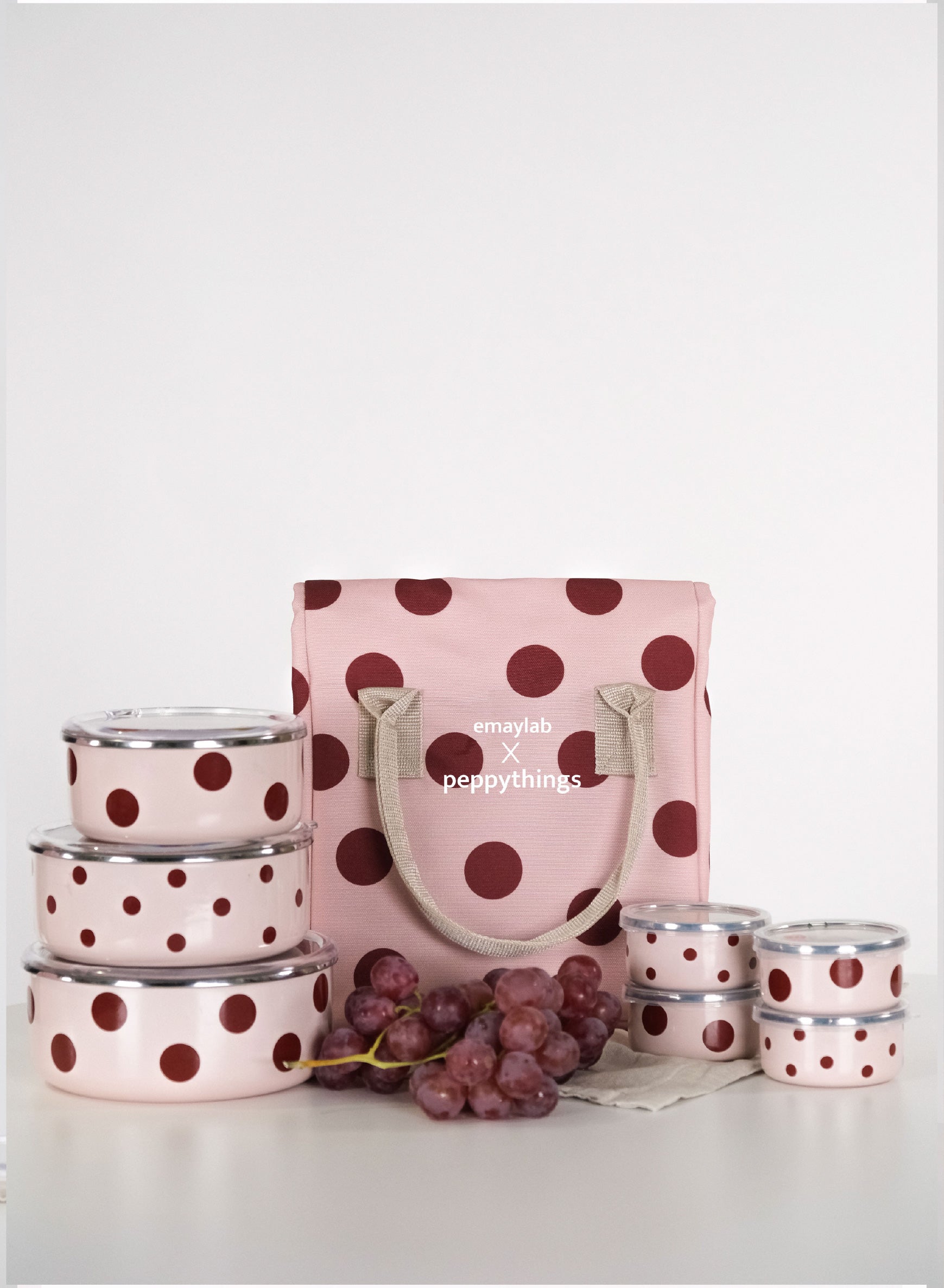EmaylabxPeppythings Cherry 3’lü Set – Emaye Saklama Kabı, Emaye Kahvaltılık & Termal Taşıma Çantası 10 litre
