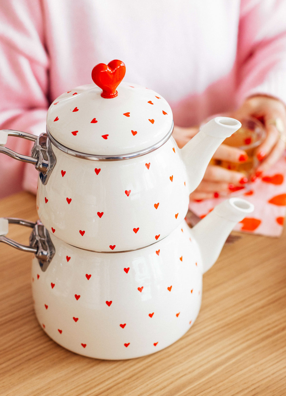Cupid Kalp Desenli Emaye Çaydanlık Takımı