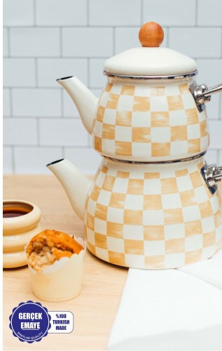 Beige Dama Desenli Emaye Çaydanlık (TÜM OCAKLARA UYGUN)