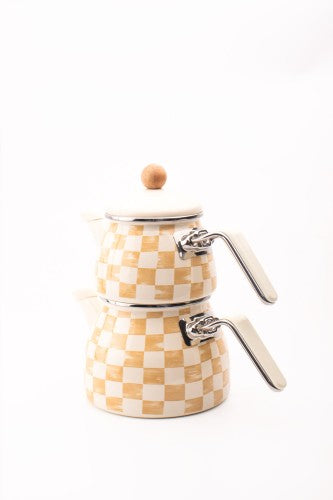 Beige Dama Desenli Emaye Çaydanlık (TÜM OCAKLARA UYGUN)