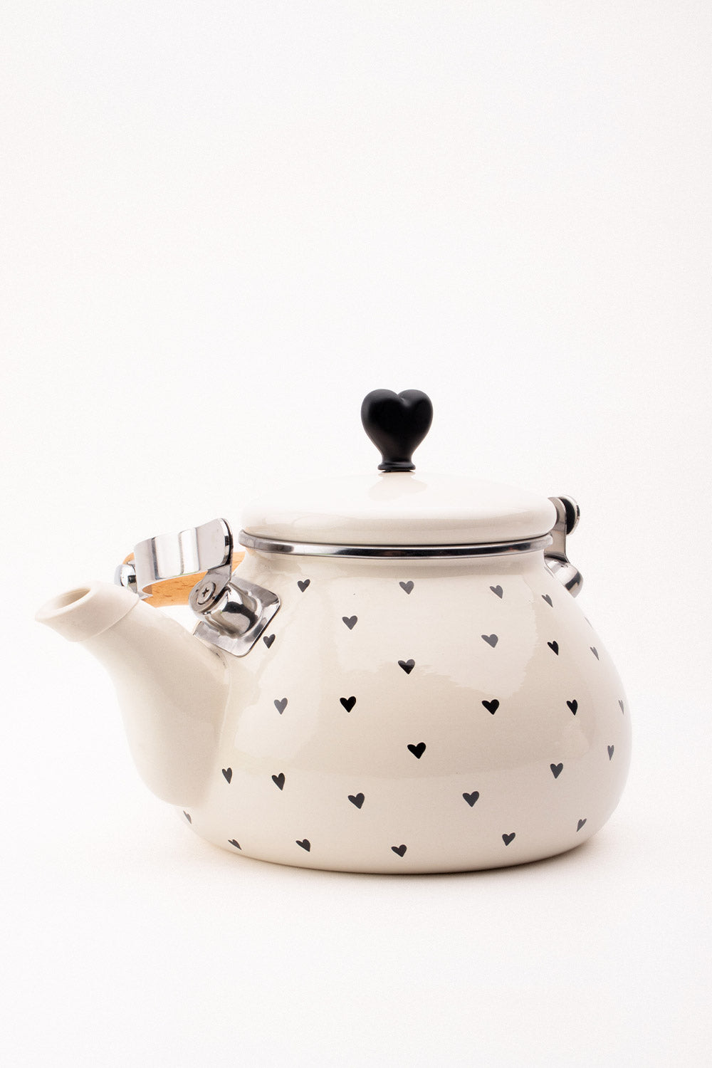 Black Cupid Emaye Siyah Kalp Desenli Vintage Kettle - 2 Litre, Ocağa Koyulabilir, Su Isıtıcı Krem
