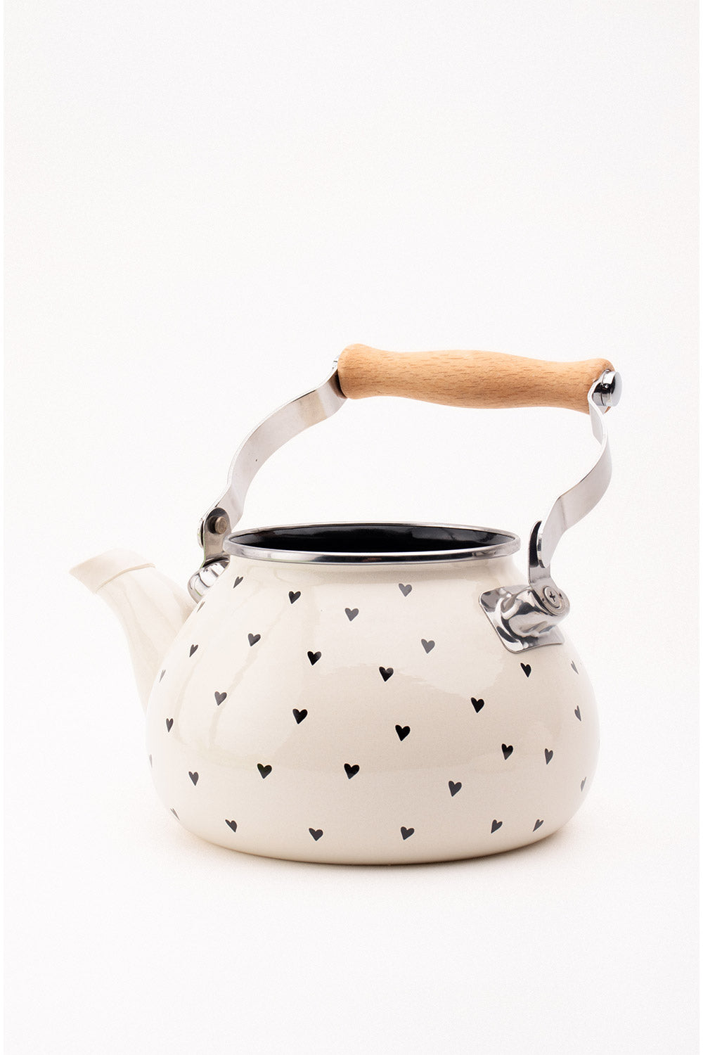 Black Cupid Emaye Siyah Kalp Desenli Vintage Kettle - 2 Litre, Ocağa Koyulabilir, Su Isıtıcı Krem