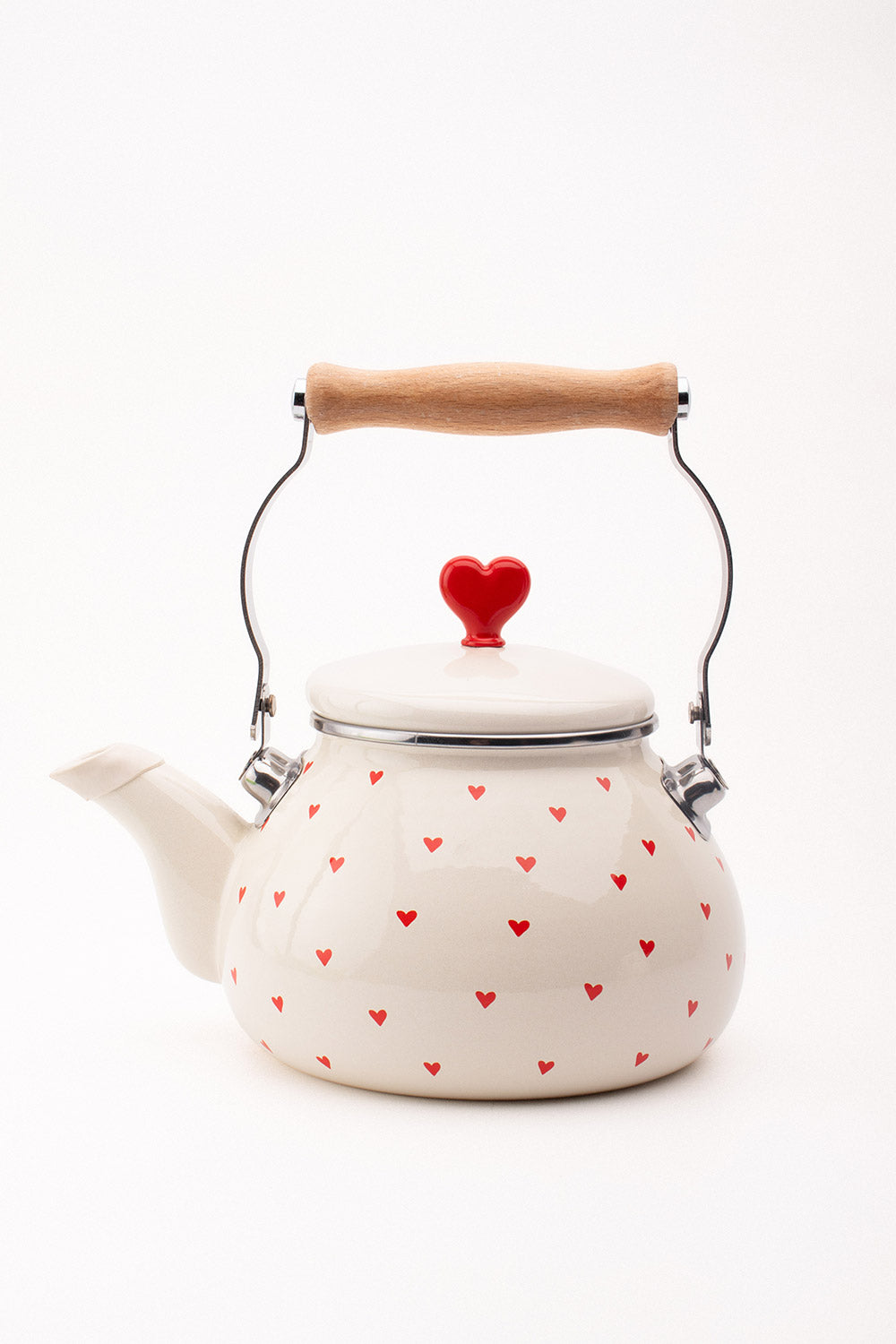 Cupid Emaye Kalp Desenli Vintage Kettle - 2 Litre, Ocağa Koyulabilir, Emaye Su Isıtıcı Krem
