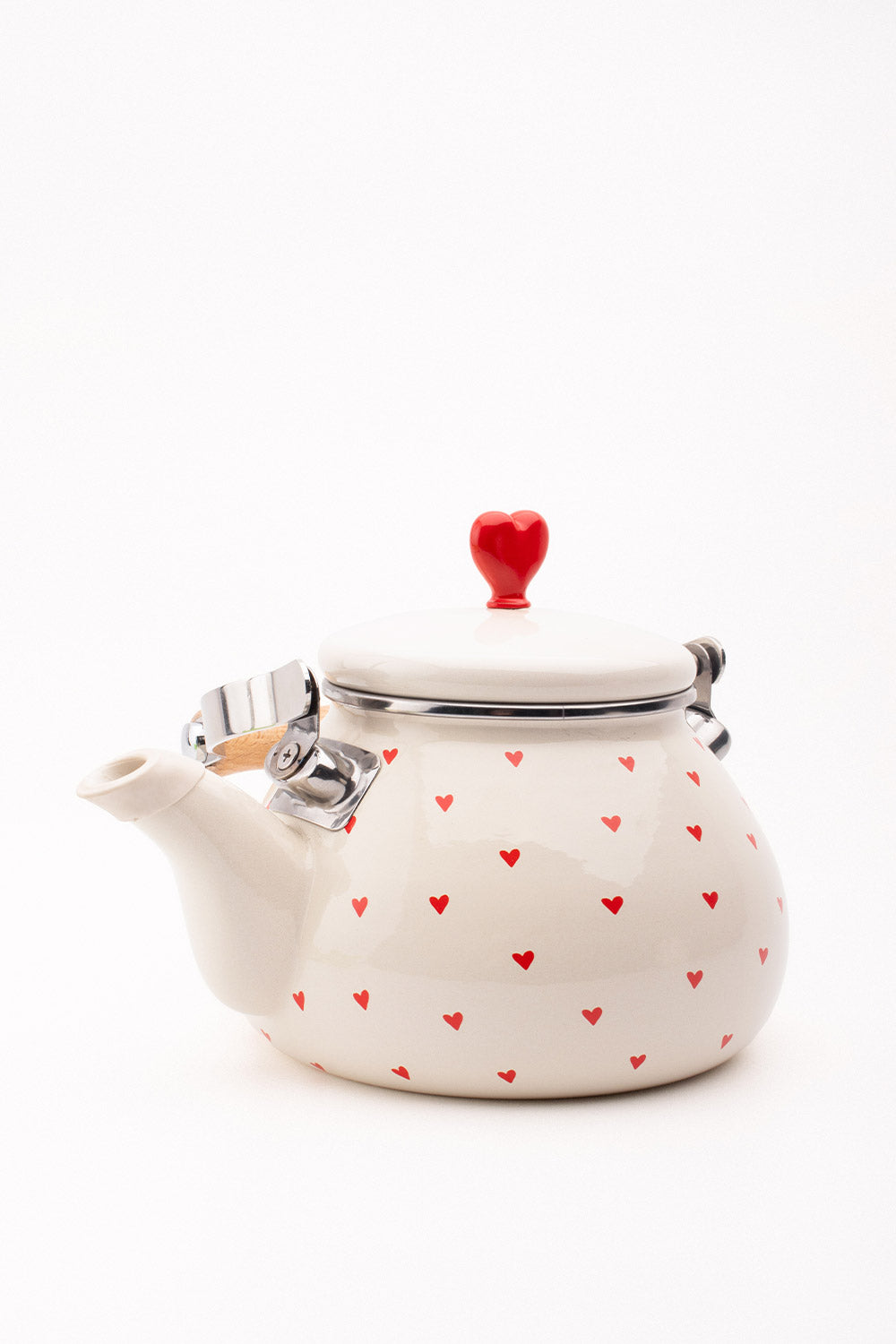 Cupid Emaye Kalp Desenli Vintage Kettle - 2 Litre, Ocağa Koyulabilir, Emaye Su Isıtıcı Krem