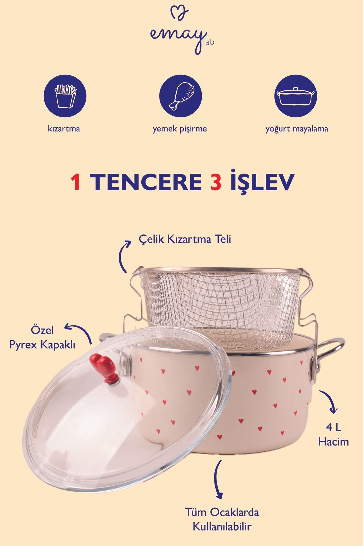 Cupid Emaye Kızartma Tenceresi/ Fritöz (Özel Pyrex Kapaklı)