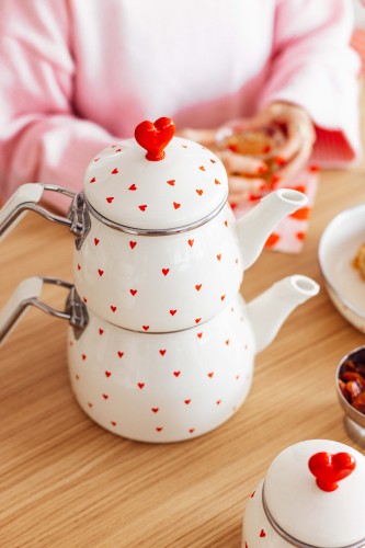 Cupid Kalp Desenli Emaye Çaydanlık Takımı (Özel Zamak Tepeli)