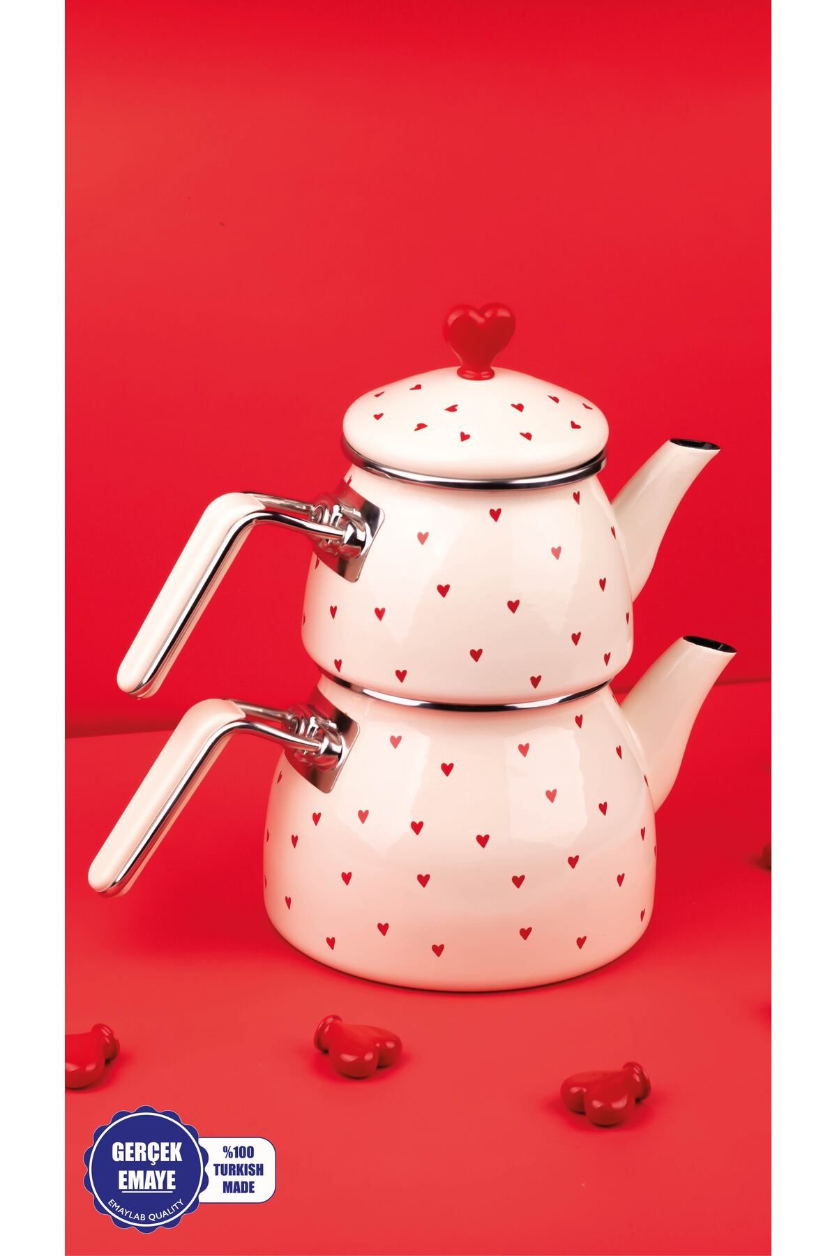 Cupid Kalp Desenli Emaye Çaydanlık Takımı (Özel Zamak Tepeli)
