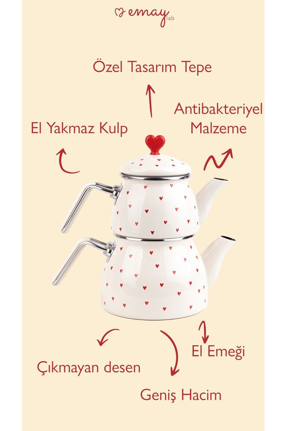 Cupid Kalp Desenli Emaye Çaydanlık Takımı (Özel Zamak Tepeli)