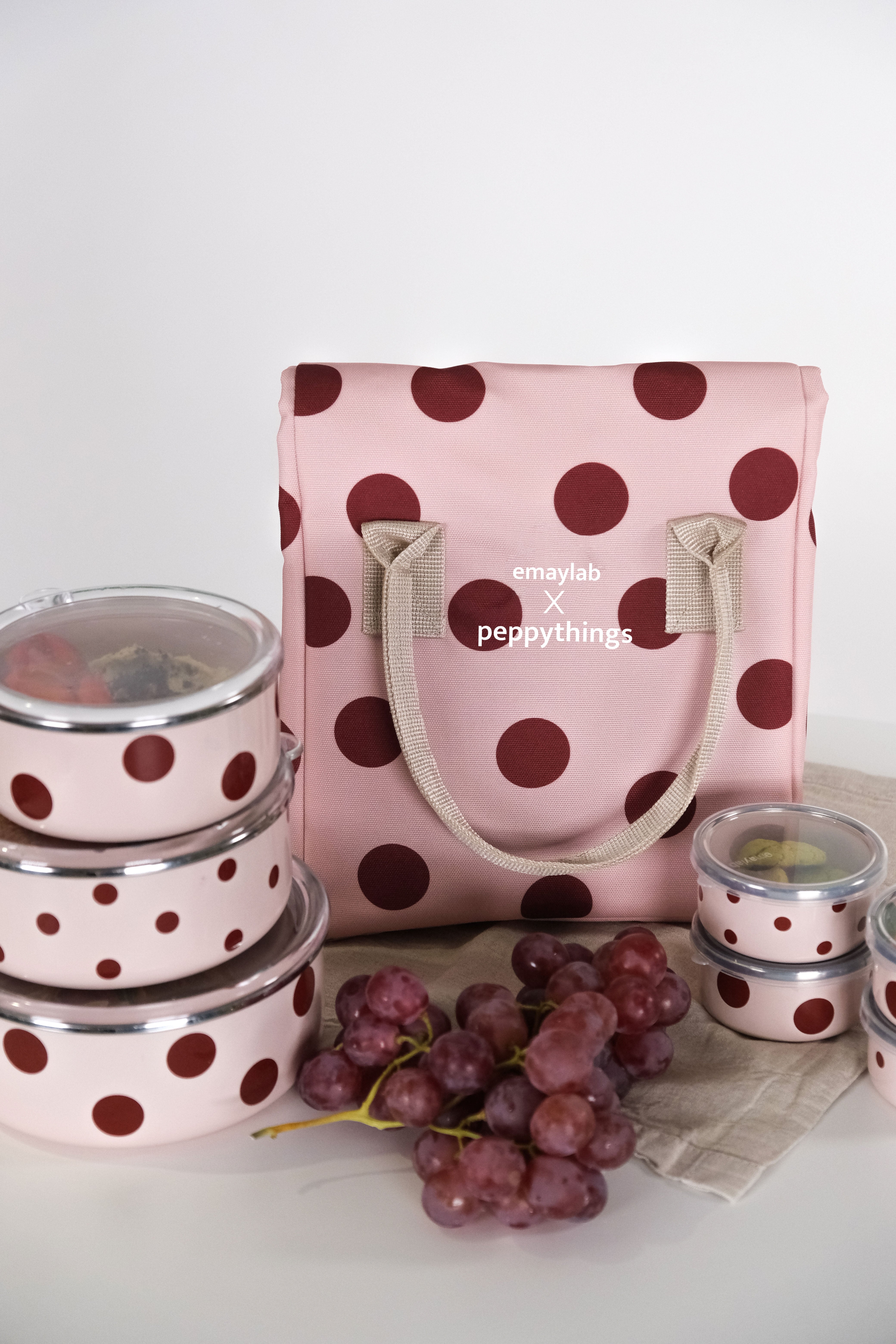 EmaylabxPeppythings Cherry 3’lü Set – Emaye Saklama Kabı, Emaye Kahvaltılık & Termal Taşıma Çantası 10 litre