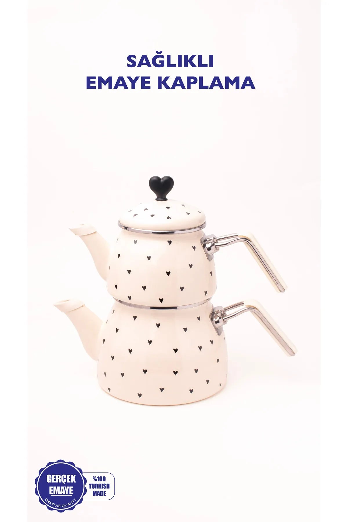 Black Cupid Kalp Desenli Emaye Çaydanlık Takımı (Özel Zamak Tepeli)