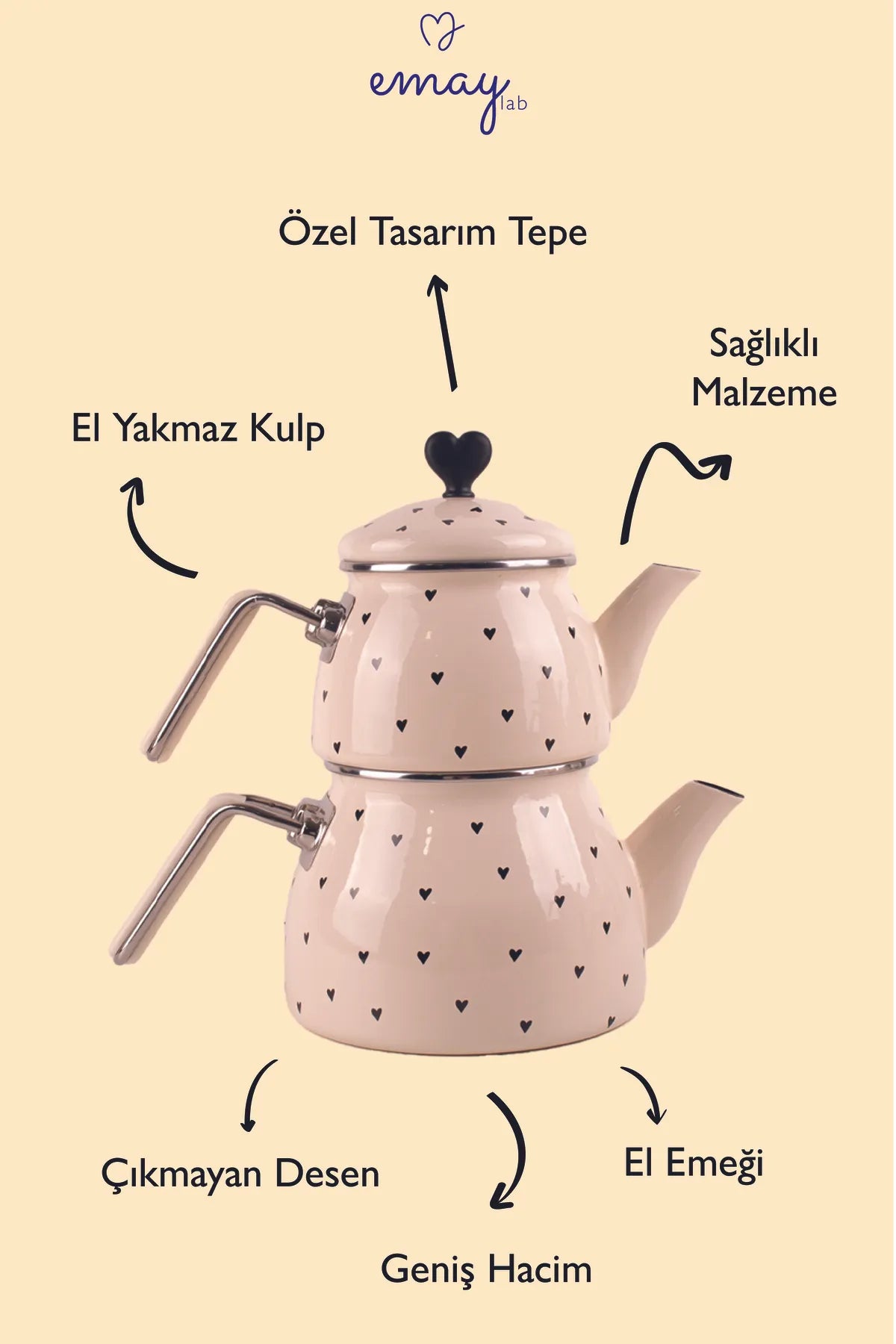 Black Cupid Kalp Desenli Emaye Çaydanlık Takımı (Özel Zamak Tepeli)
