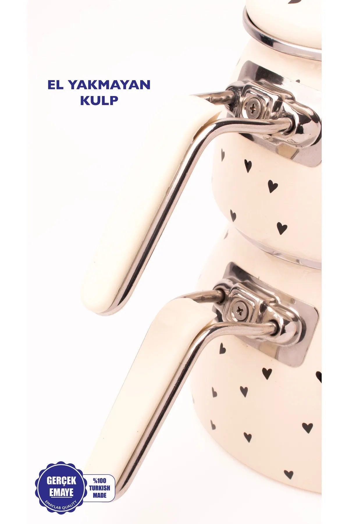 Black Cupid Kalp Desenli Emaye Çaydanlık Takımı (Özel Zamak Tepeli)