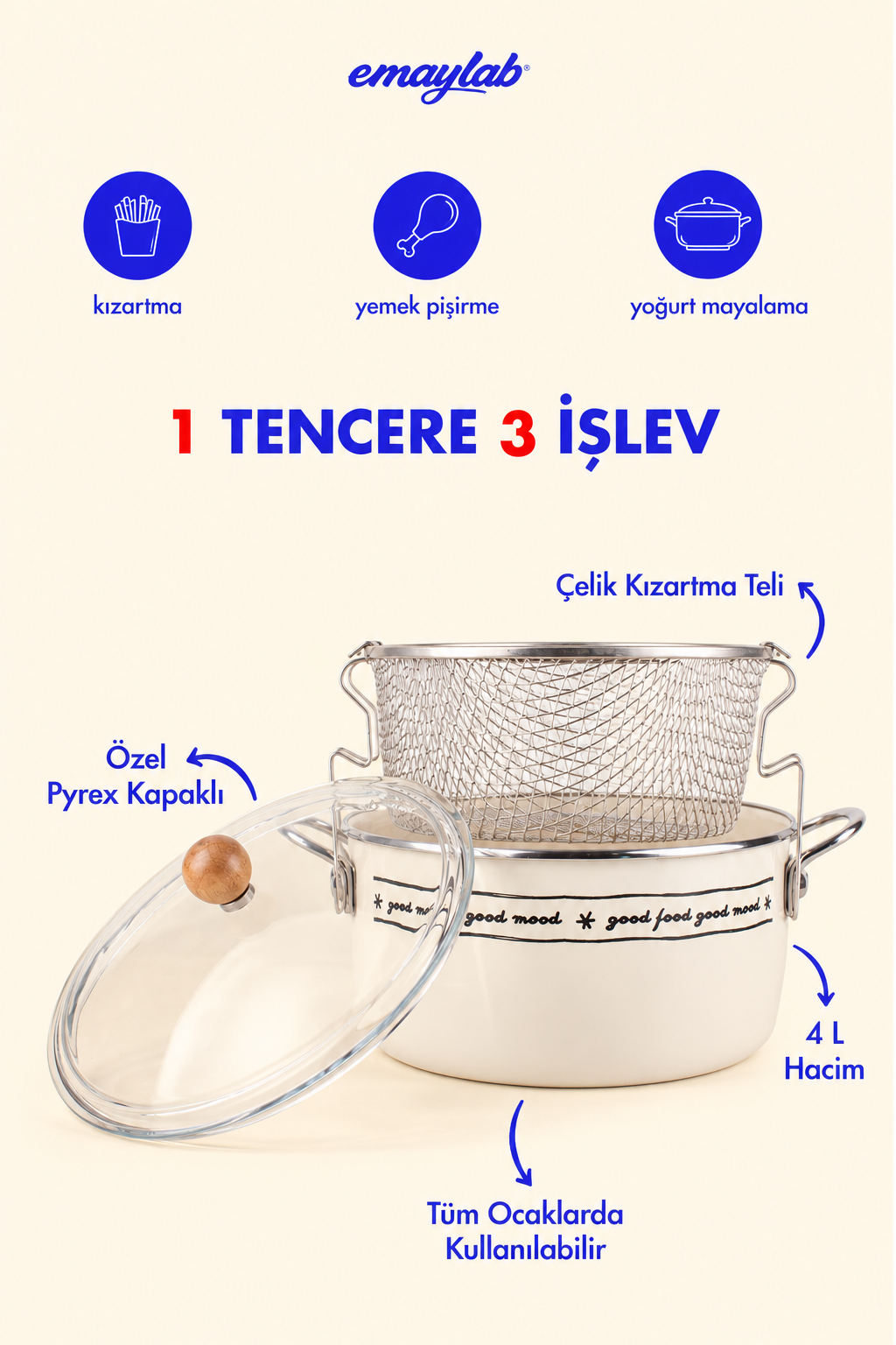 Mood Yazı Desenli Emaye Fritöz/Kızartma Tenceresi