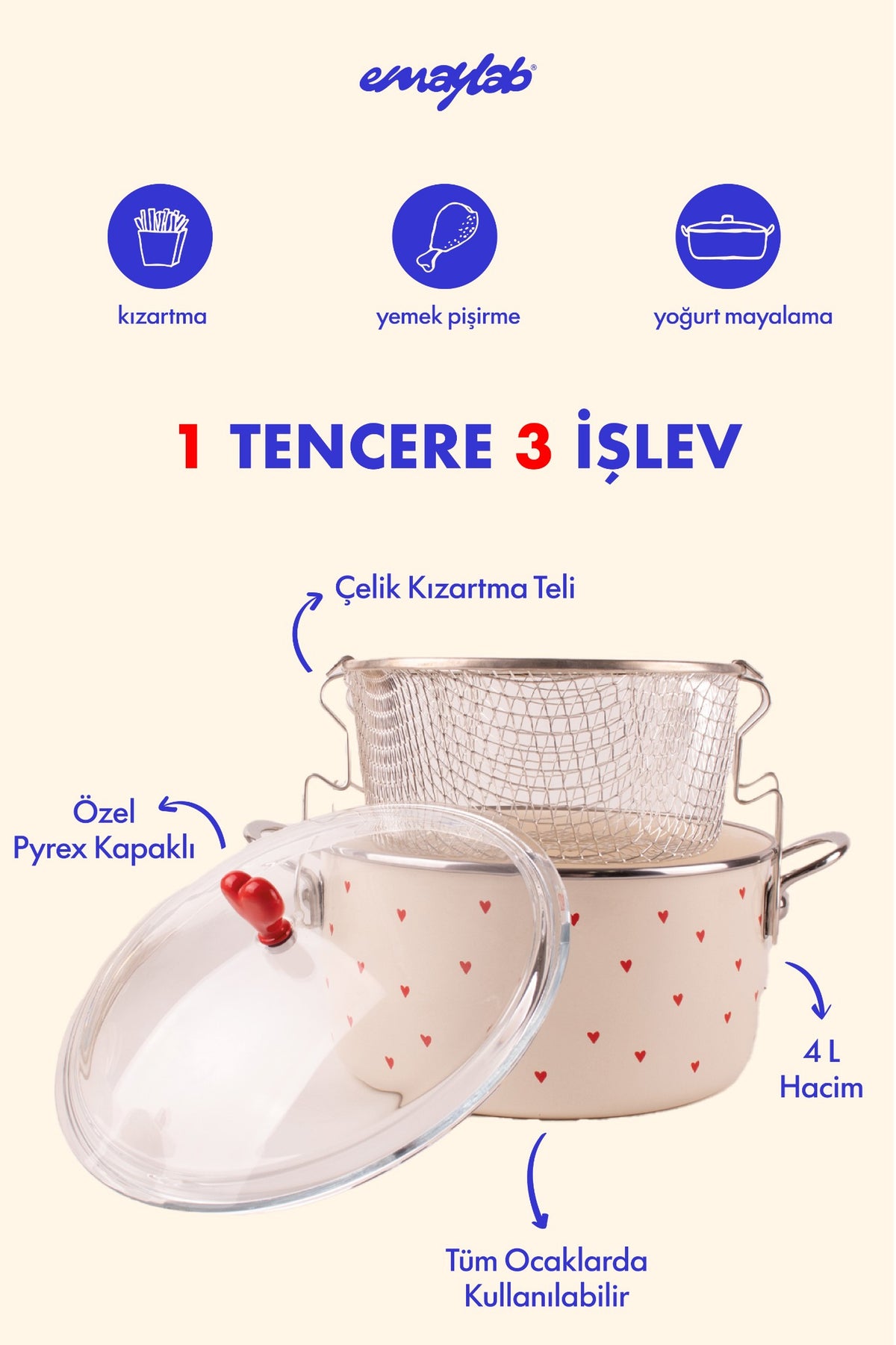 Cupid Kalp Desenli Emaye Fritöz/Kızartma Tenceresi
