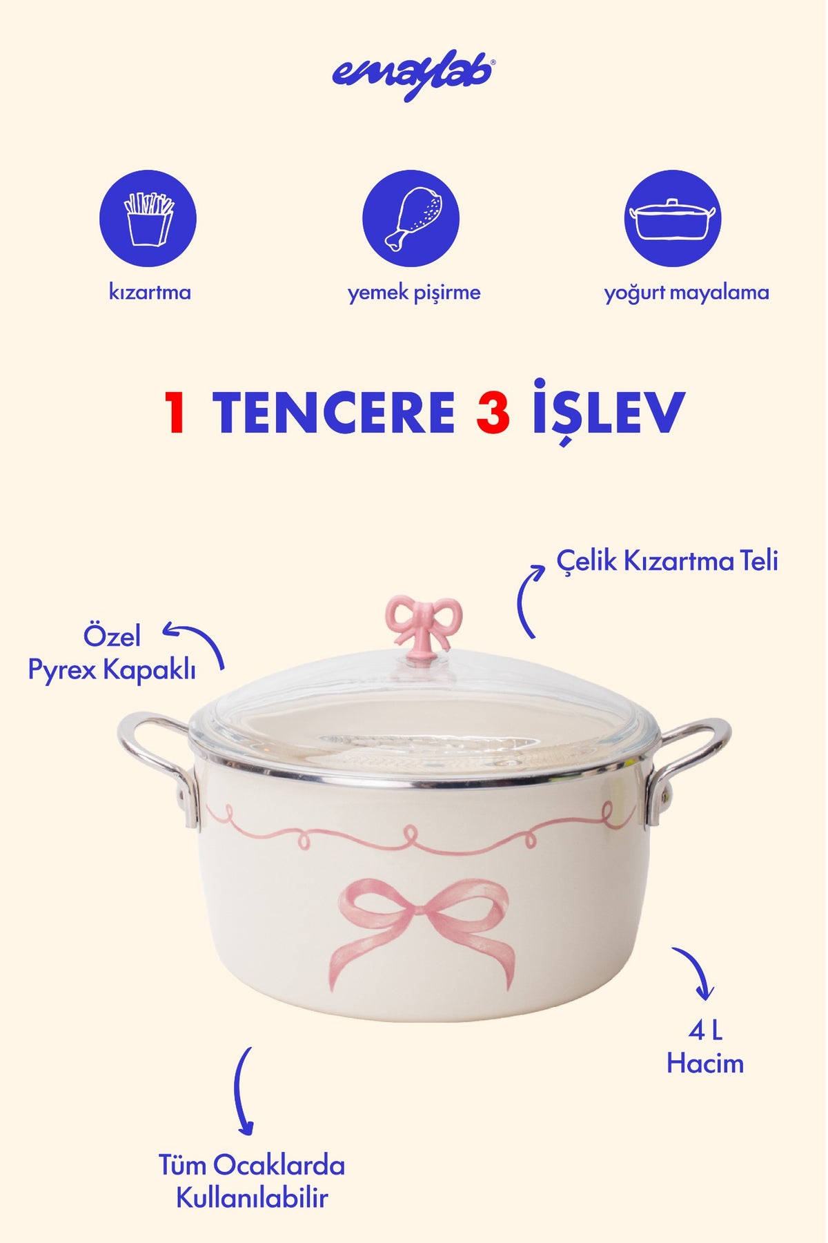 Rebel Bow Kurdele Desenli Emaye Fiyonk/Kızartma Tenceresi
