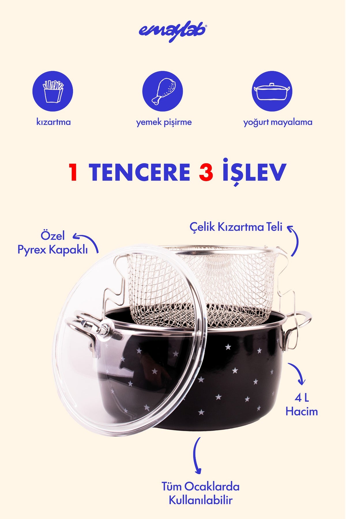 Star Yıldız Desenli Emaye Fritöz/Kızartma Tenceresi
