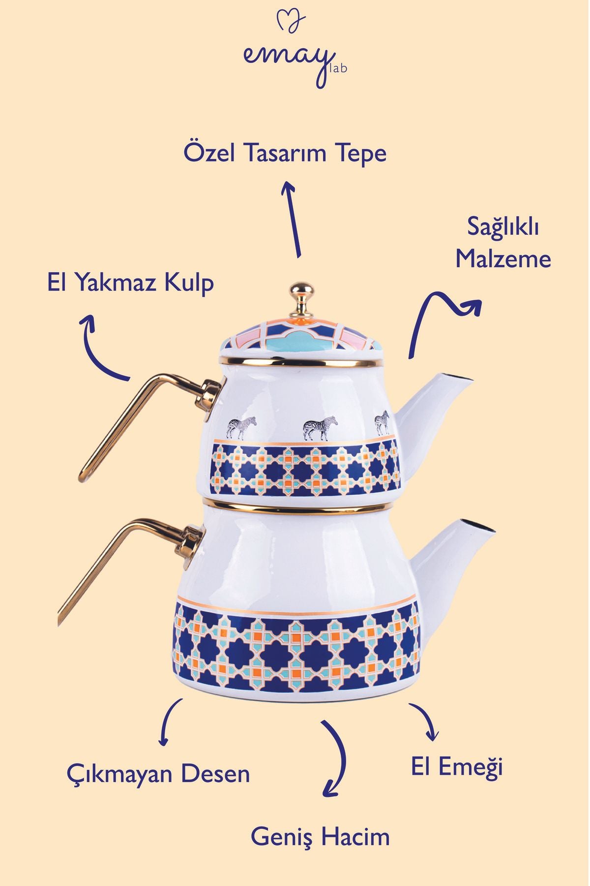 Jaolu Zebra Desenli Emaye Çaydanlık Takımı (Tüm Ocaklarda Kullanılabilir)