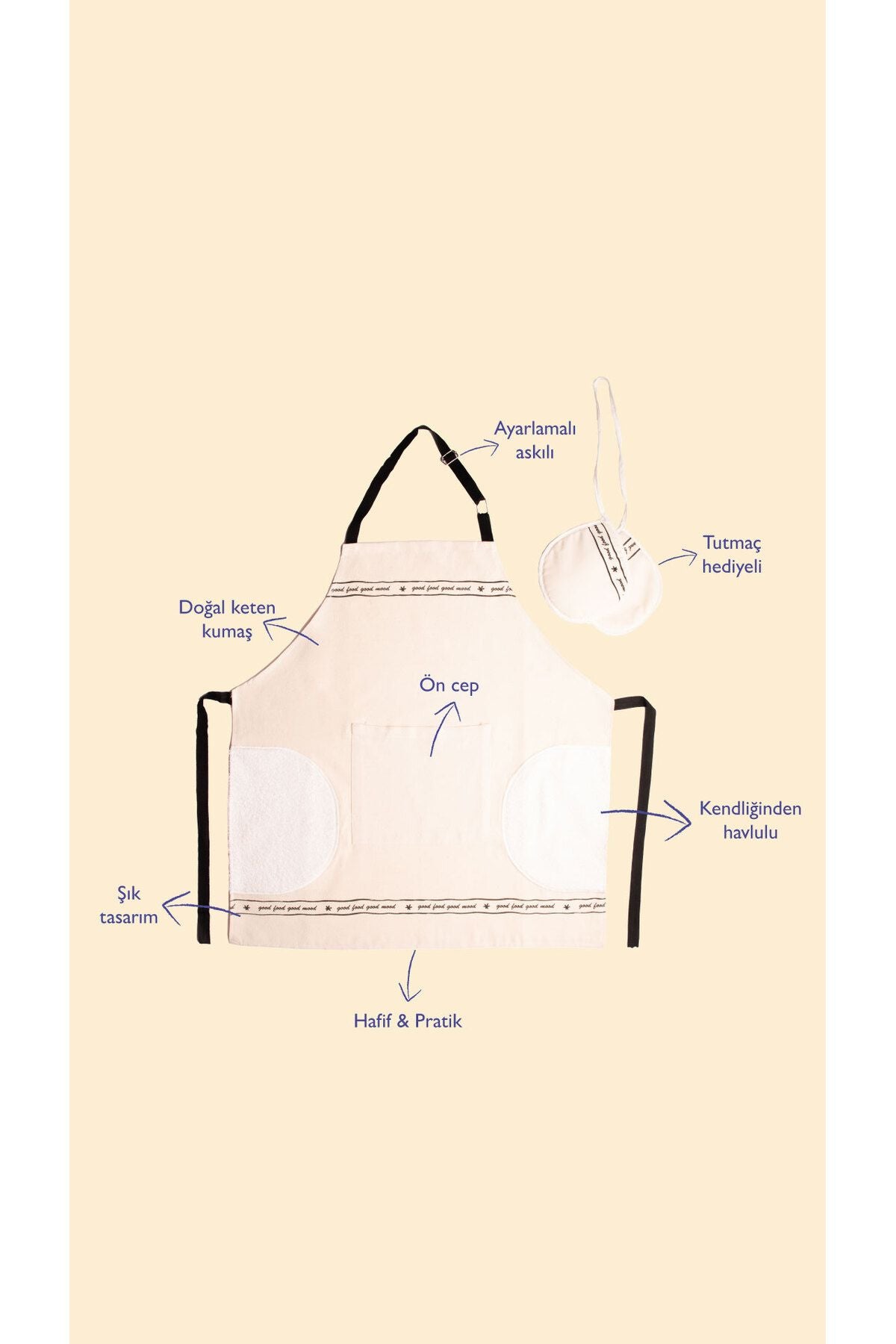 Mood Desenli Mutfak Önlüğü Ve Tutmaç Seti  (Kendinden Havlulu-Ayarlamalı Askılı)