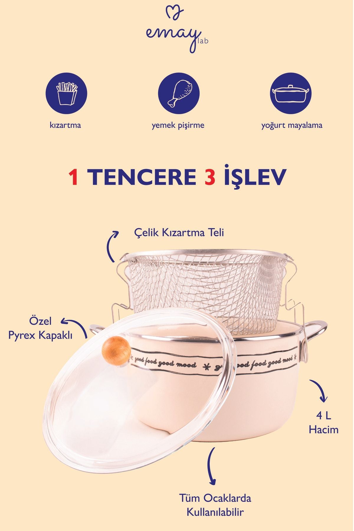 Mood Emaye Kızartma Tenceresi/ Fritöz (Özel Pyrex Kapaklı)