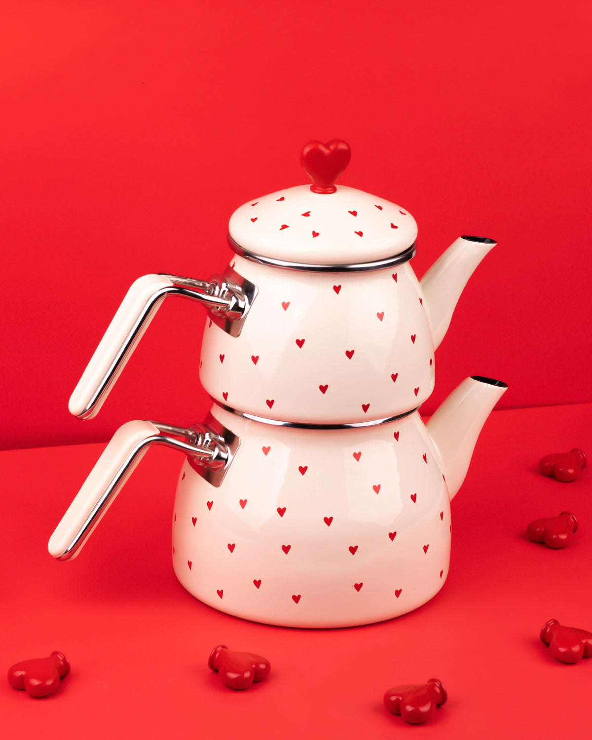 Cupid Kalp Desenli Emaye Çaydanlık Takımı